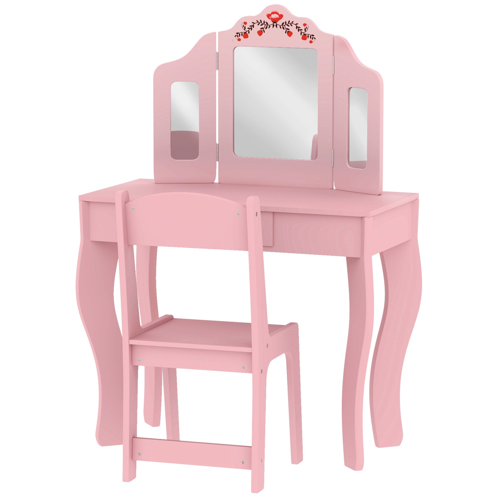 Qaba Kids Vanity Set, Dual-Use Dressing Table with Removable Tri-Folding Mirror and Drawer, for Ages 3-8, Pink 