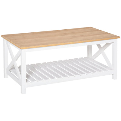 HOMCOM Farmhouse Style Coffee Table with Slatted Shelf White and Natural Center Table for Living Room 