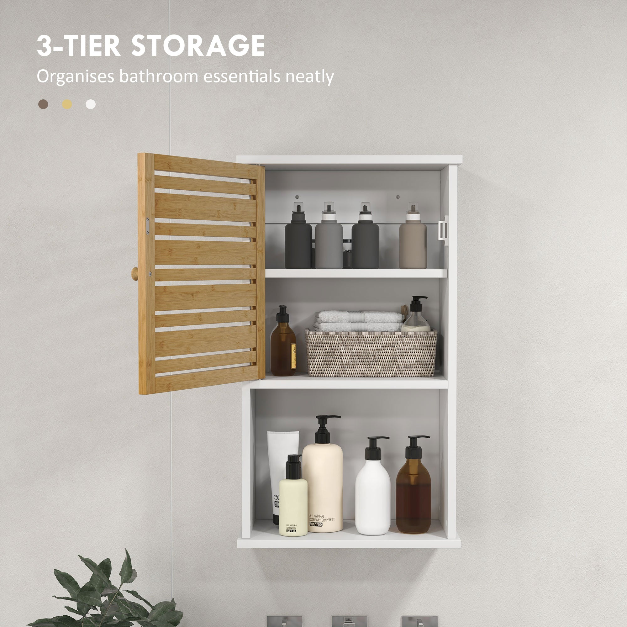 HOMCOM Wall Mounted Bathroom Cabinet Storage Bamboo Slat Door Adjustable Shelf White 