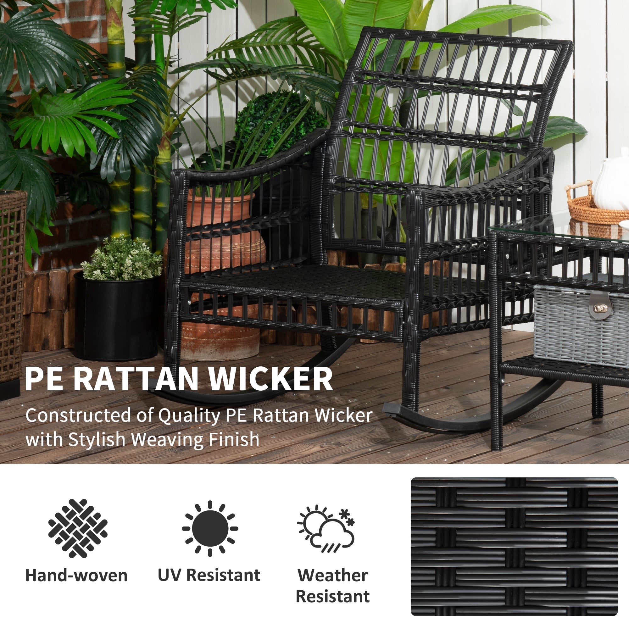Outsunny 3 Pieces Outdoor PE Rattan Rocker Chair Set, Rocking Chair with Tempered Glass Table Top,25"x26"x28", Turquoise Green 