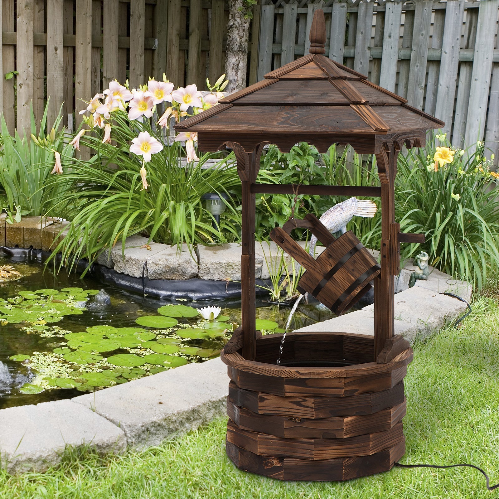 Outsunny Rustic Barrel Waterfall Fountain Wood Garden Decor with Pump Charming Outdoor Feature 