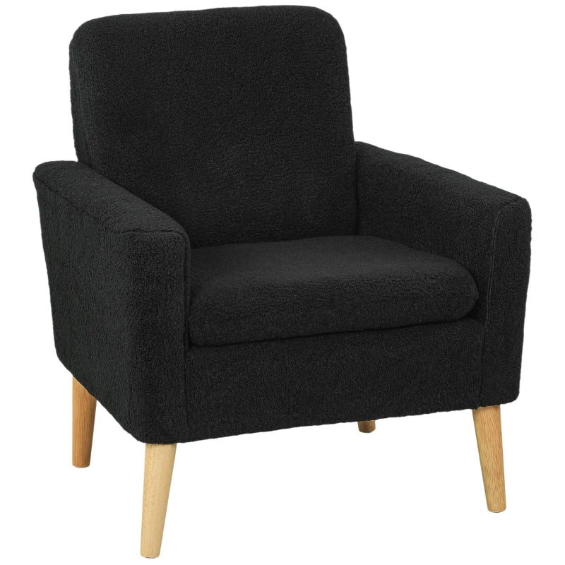 Fabric Accent Chair, Modern Upholstered Armchair with Wood Legs and Wide Padded Seat, Black
