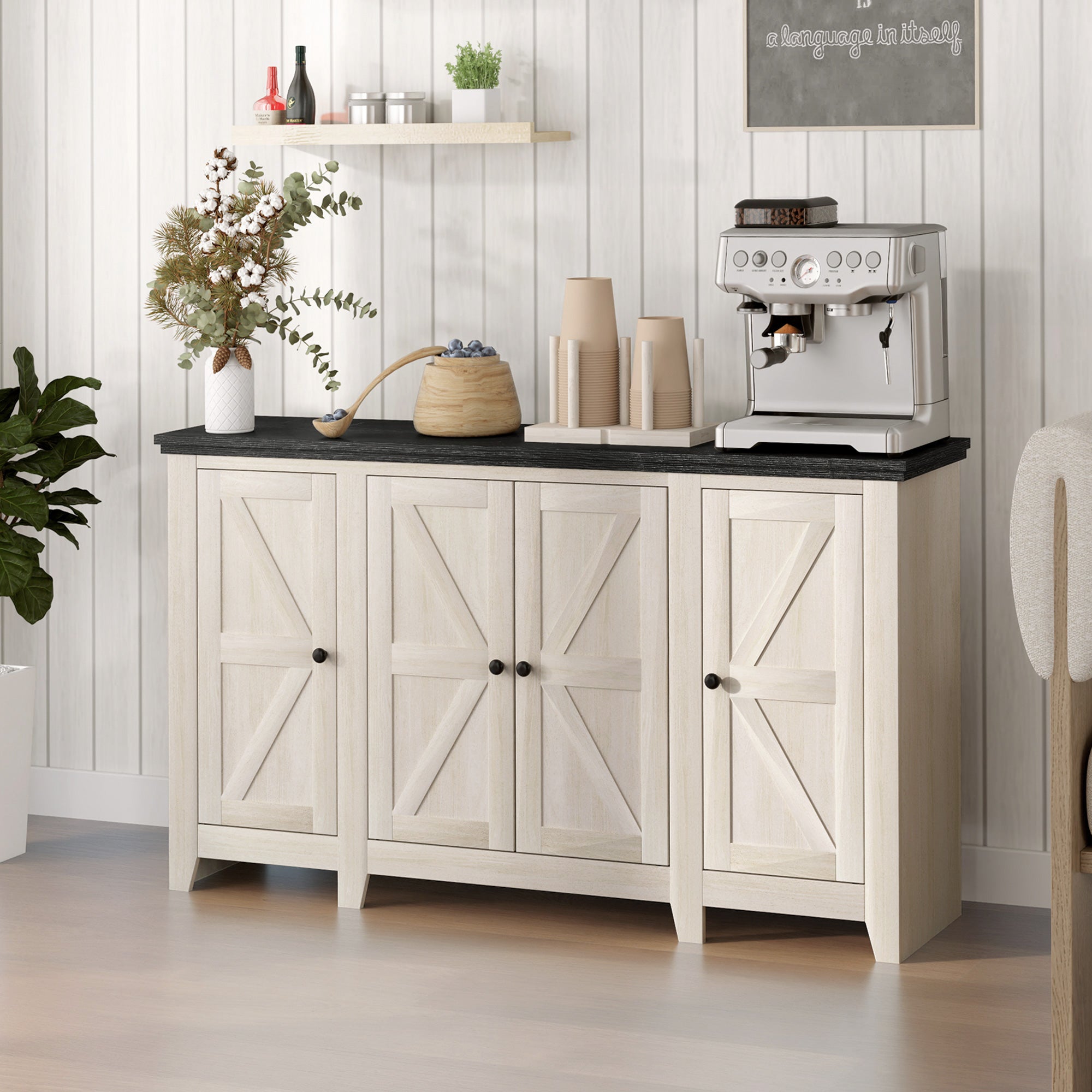 HOMCOM Rustic Sideboard, Buffet Cabinet with Adjustable Shelves for Living Room, Dining Room, Entryway, White Wood Grain 