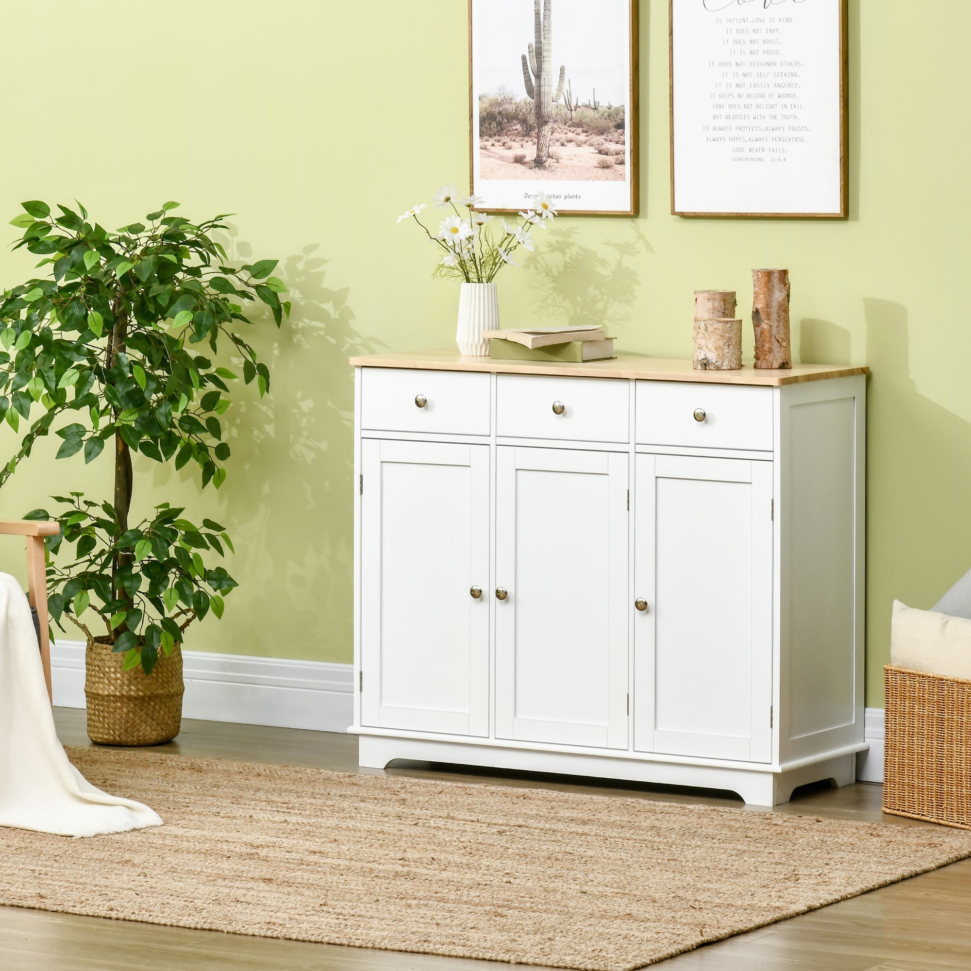 HOMCOM Modern Sideboard - Buffet Cabinet with Rubberwood Top, Storage Cabinets, Drawers & Adjustable Shelves 