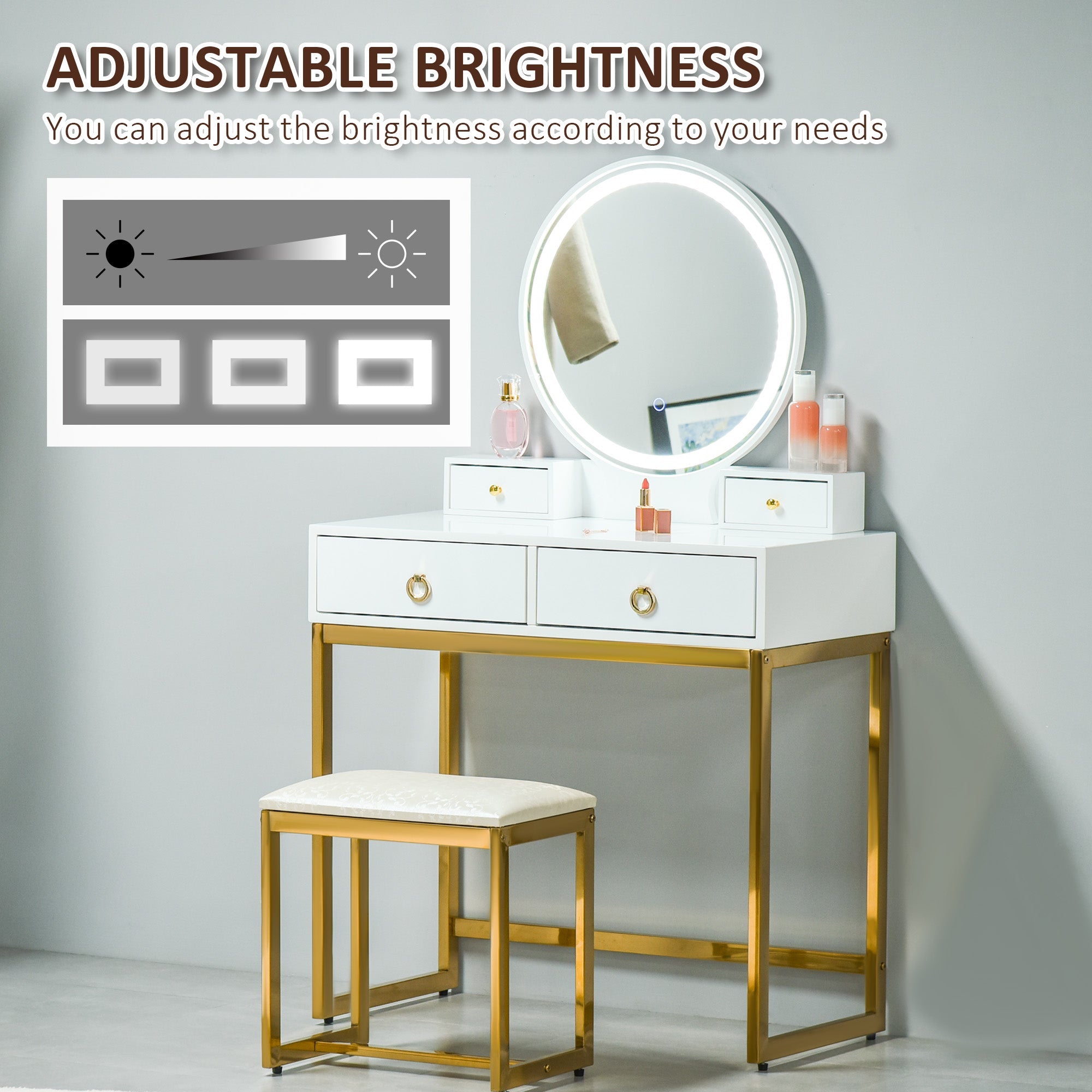 HOMCOM Elegant Makeup Vanity Set with Round Mirror 3-Color LED Light 4 Drawers Cushioned Stool White for Bedroom Decor 