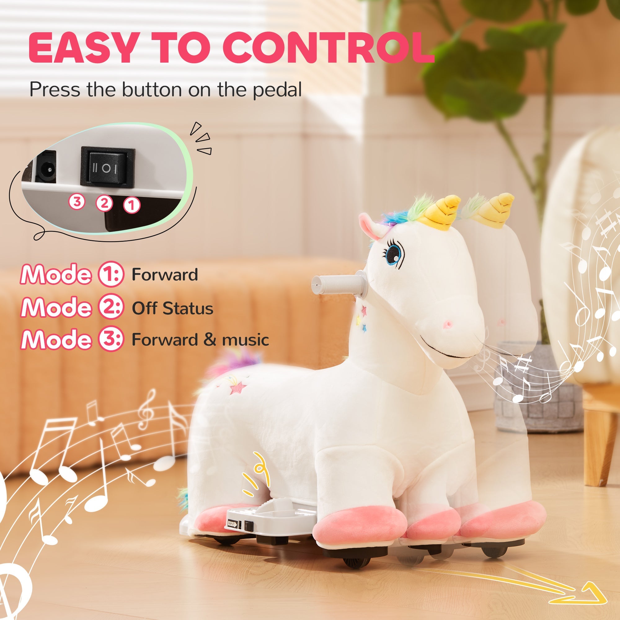 Qaba 6V Ride on Unicorn, Battery Powered Kids Riding Pony with Music Forward, Aged 18-36 Months, White 