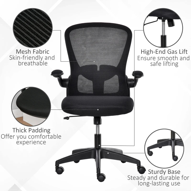 Mesh Office Chair, Swivel Desk Chair with Lumbar Back Support, Adjustable Height, Flip-Up Arm, Black