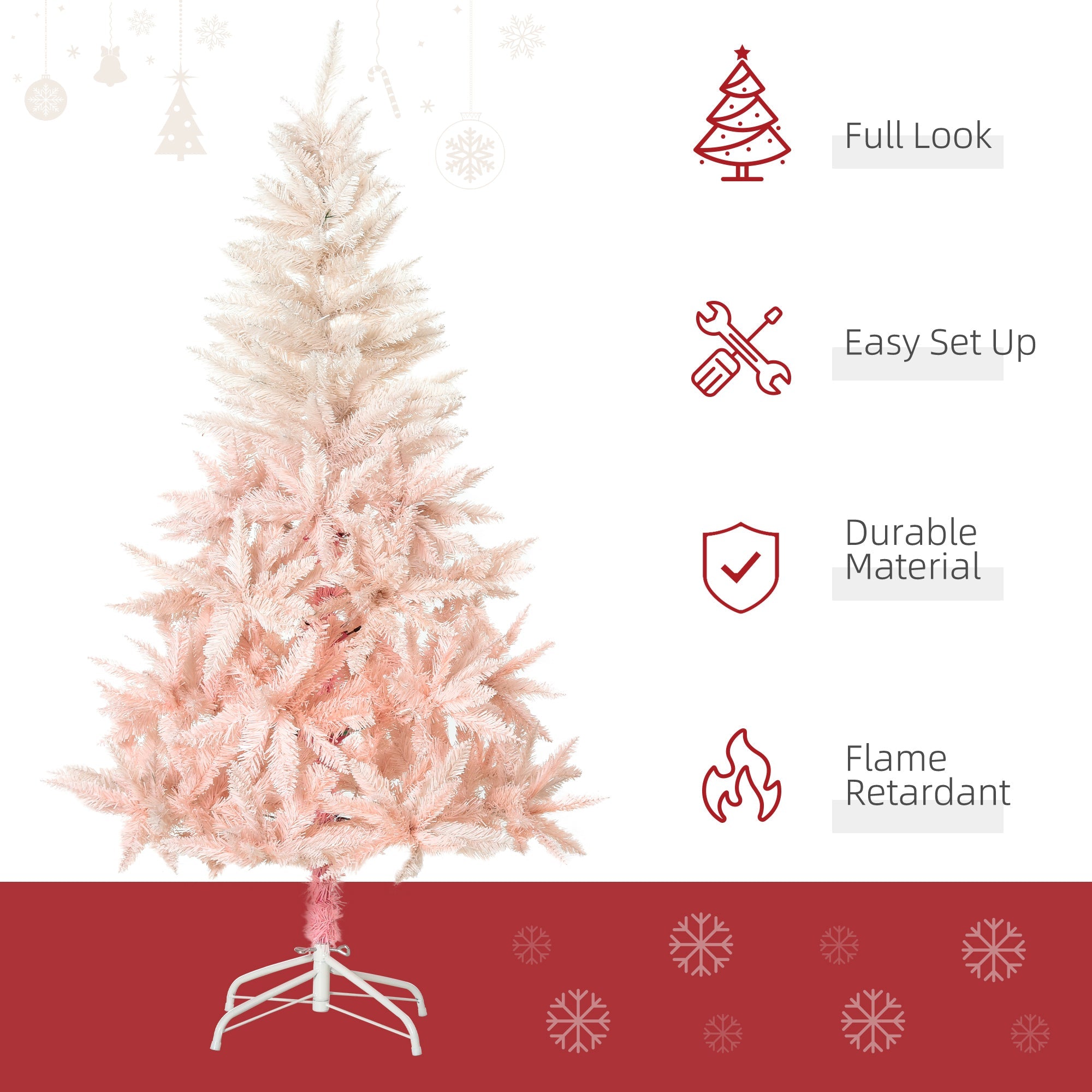 HOMCOM 7ft Festive Artificial Christmas Tree in White and Pink with Metal Stand, Quick Setup for Holiday Decor 