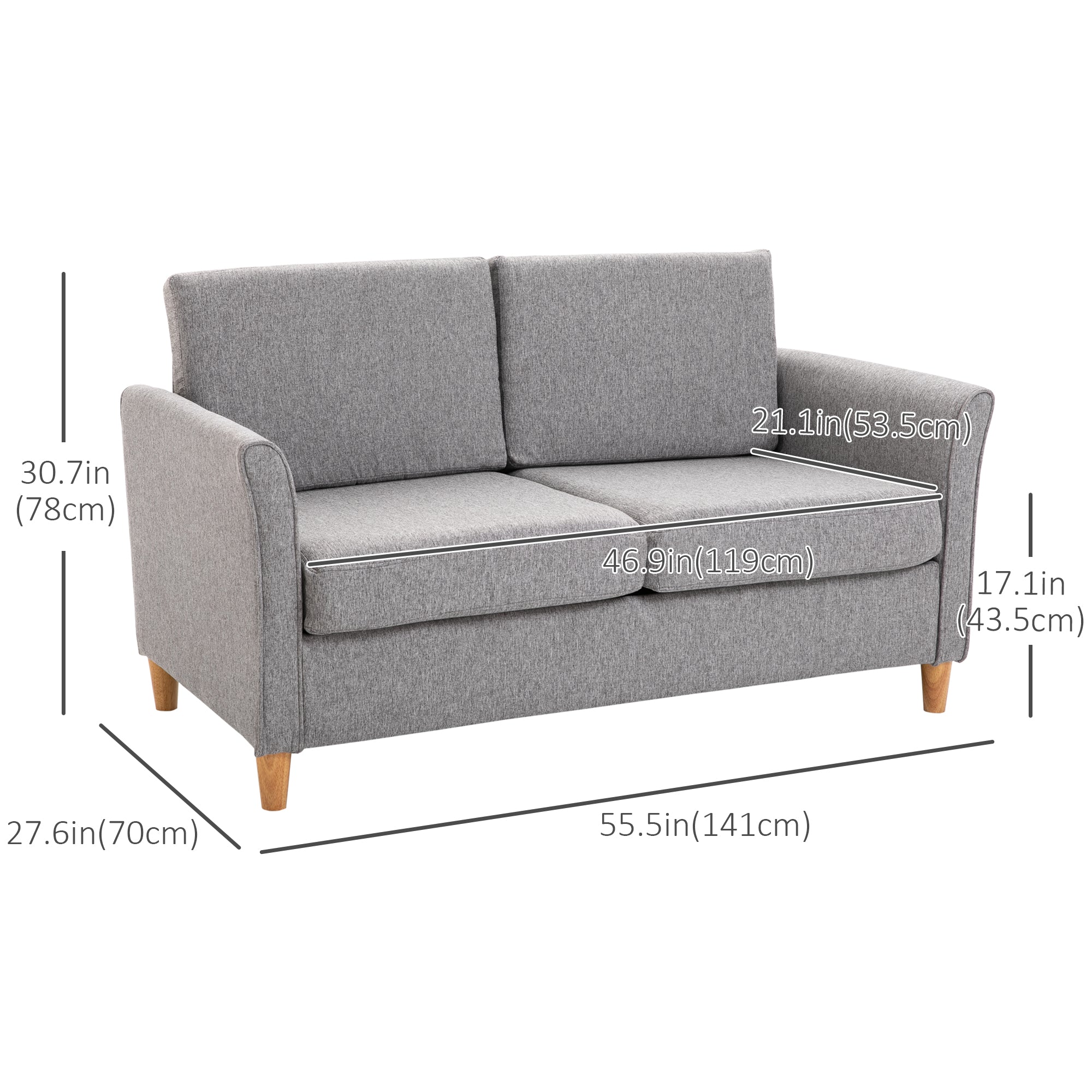 HOMCOM 55" Upholstered Loveseat Sofa: With Armrest, Sturdy Wood Legs for Living Room Furniture 
