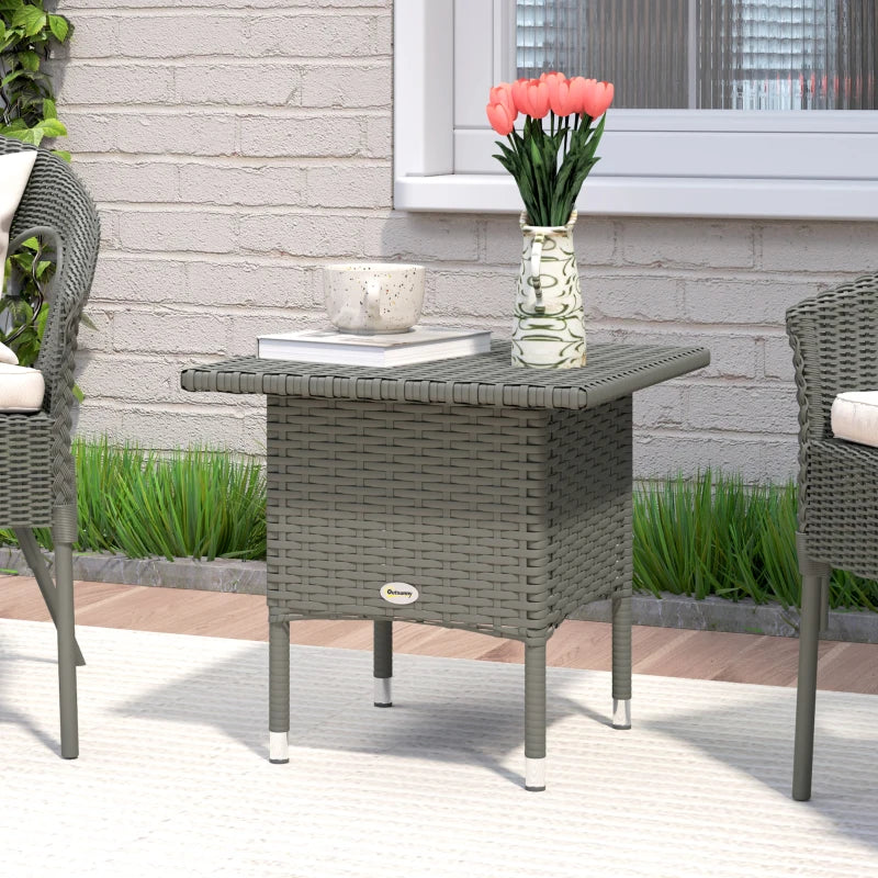 Wicker Outdoor Side Table, 20" Square Patio End Table w/ Full Woven Top, Grey
