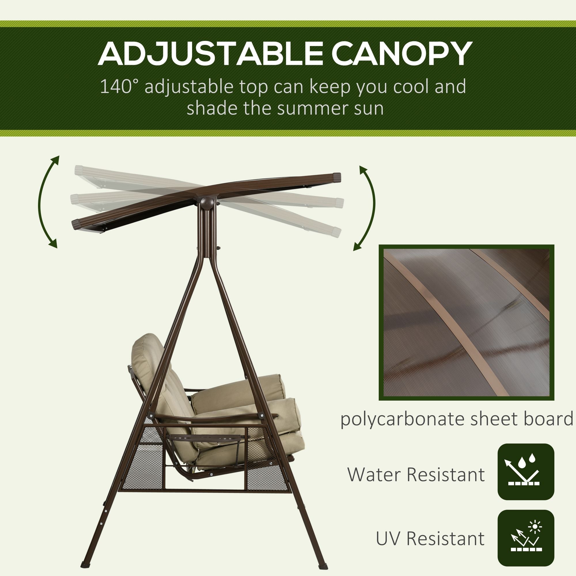 Outsunny 3-Seat Outdoor Canopy Swing Chair, Comfortable Glider with Cushion & Pillows, Adjustable Polycarbonate Roof for Porch 
