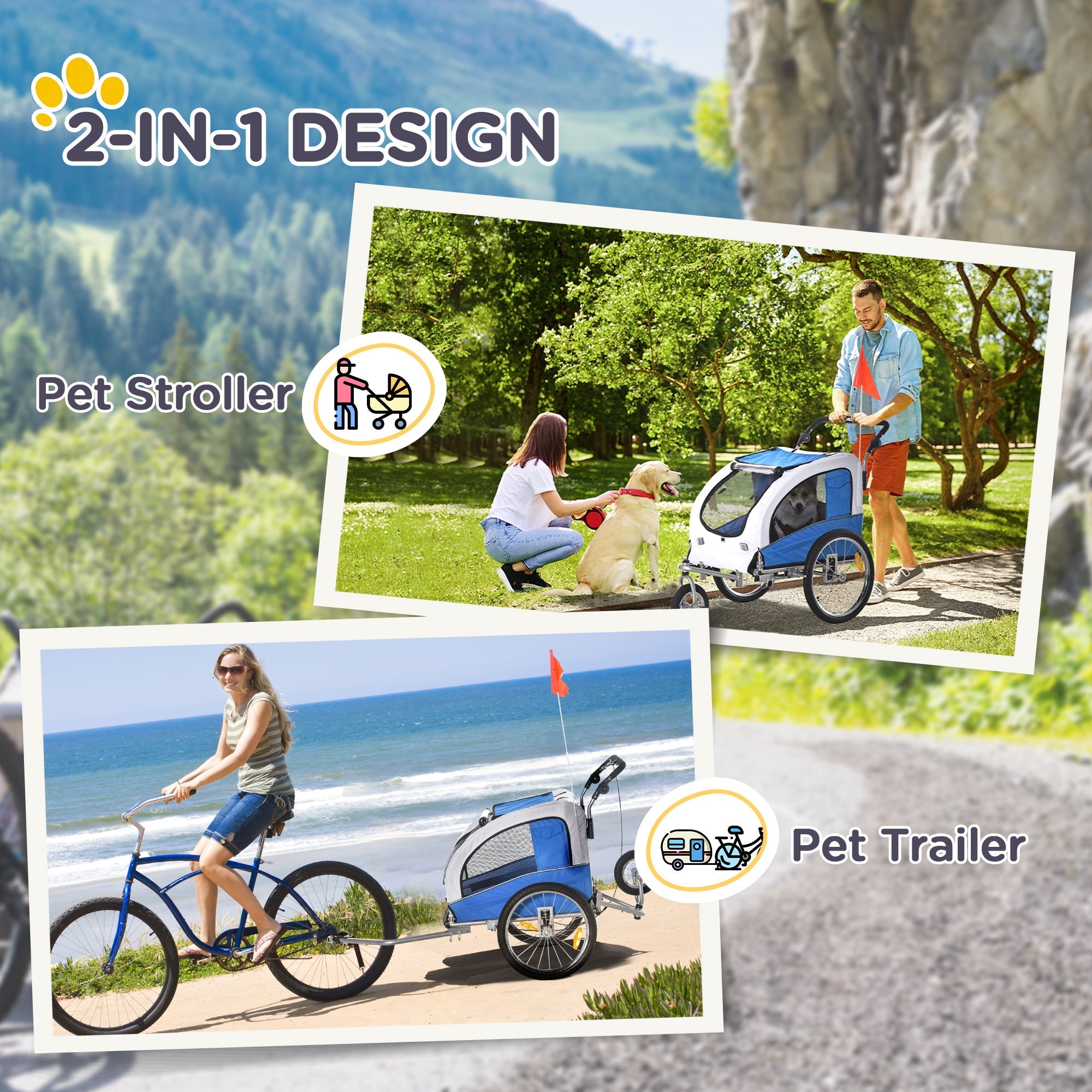 Aosom Elite II 2-In-1 Dog Bike Trailer Pet Stroller Cart Bicycle Wagon Travel Carrier with Suspension Blue 