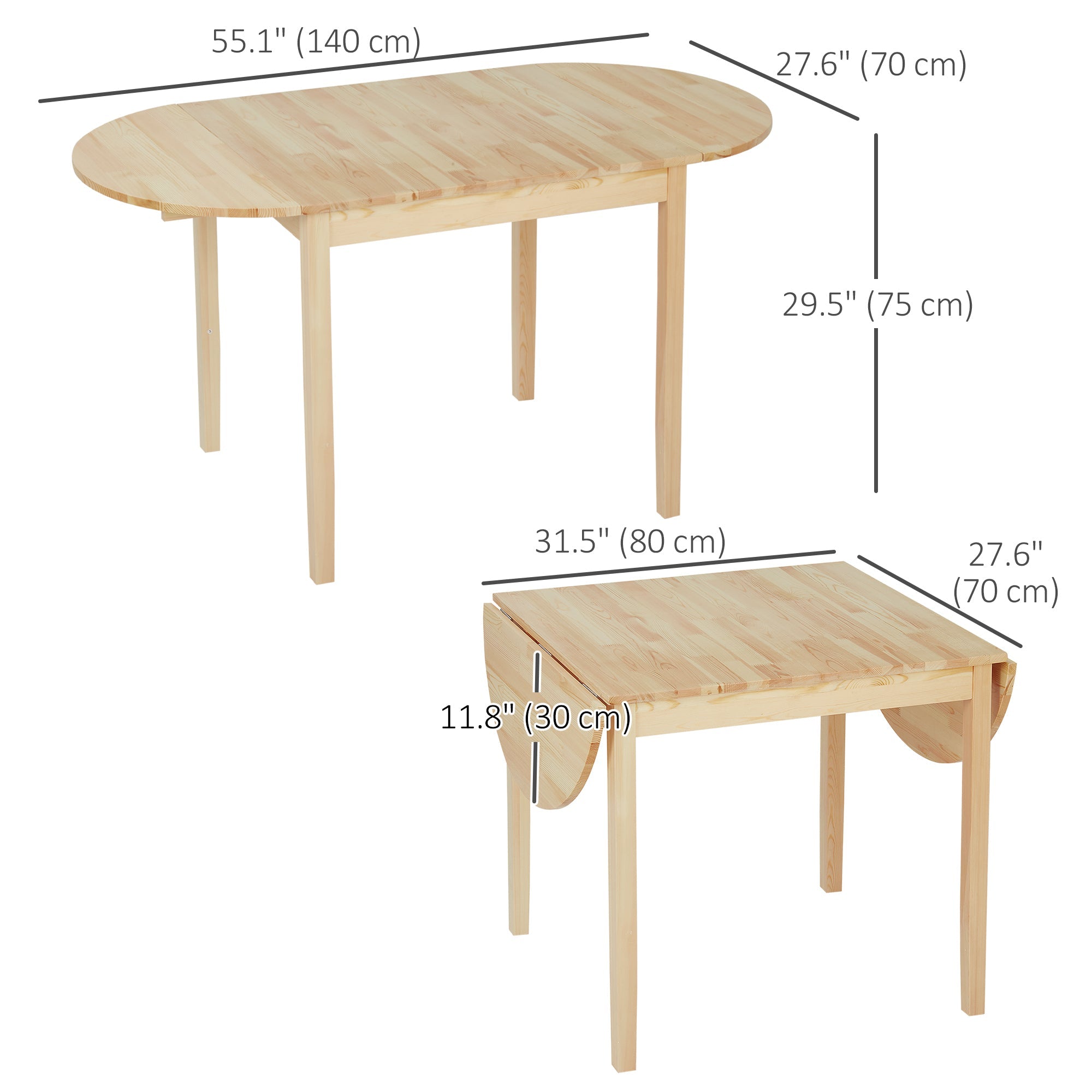 HOMCOM Natural Solid Wood Kitchen Table Drop Leaf Folding Dining Table for Small Spaces Natural Finish 