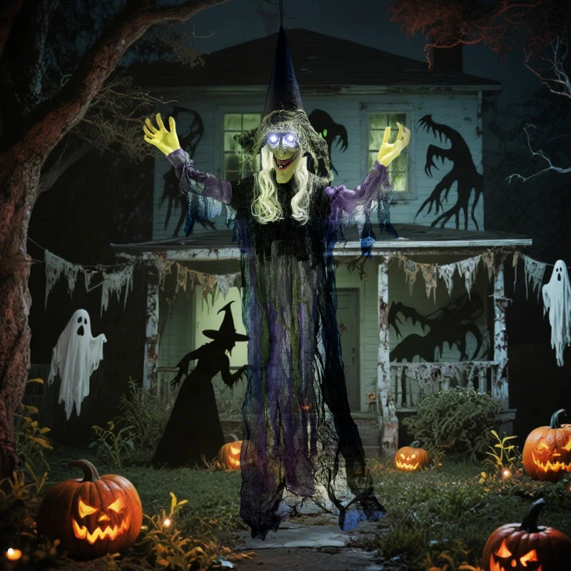 Outsunny Life-Size Animated Hanging Witch – Glowing LED Eyes, Battery Operated Halloween Decoration 