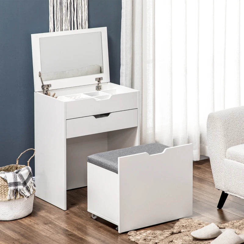 Vanity Set with Flip Top Mirror, Makeup Vanity Table with Stool, Dressing Table with Drawer and 7 Compartments, White