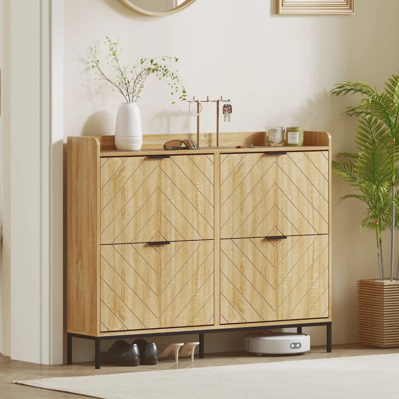 Narrow Shoe Storage Cabinet, Modern Slim Shoe Cabinet with 4 Flip Drawers, 16 Pairs of Shoes for Hallway, Entryway, Oak