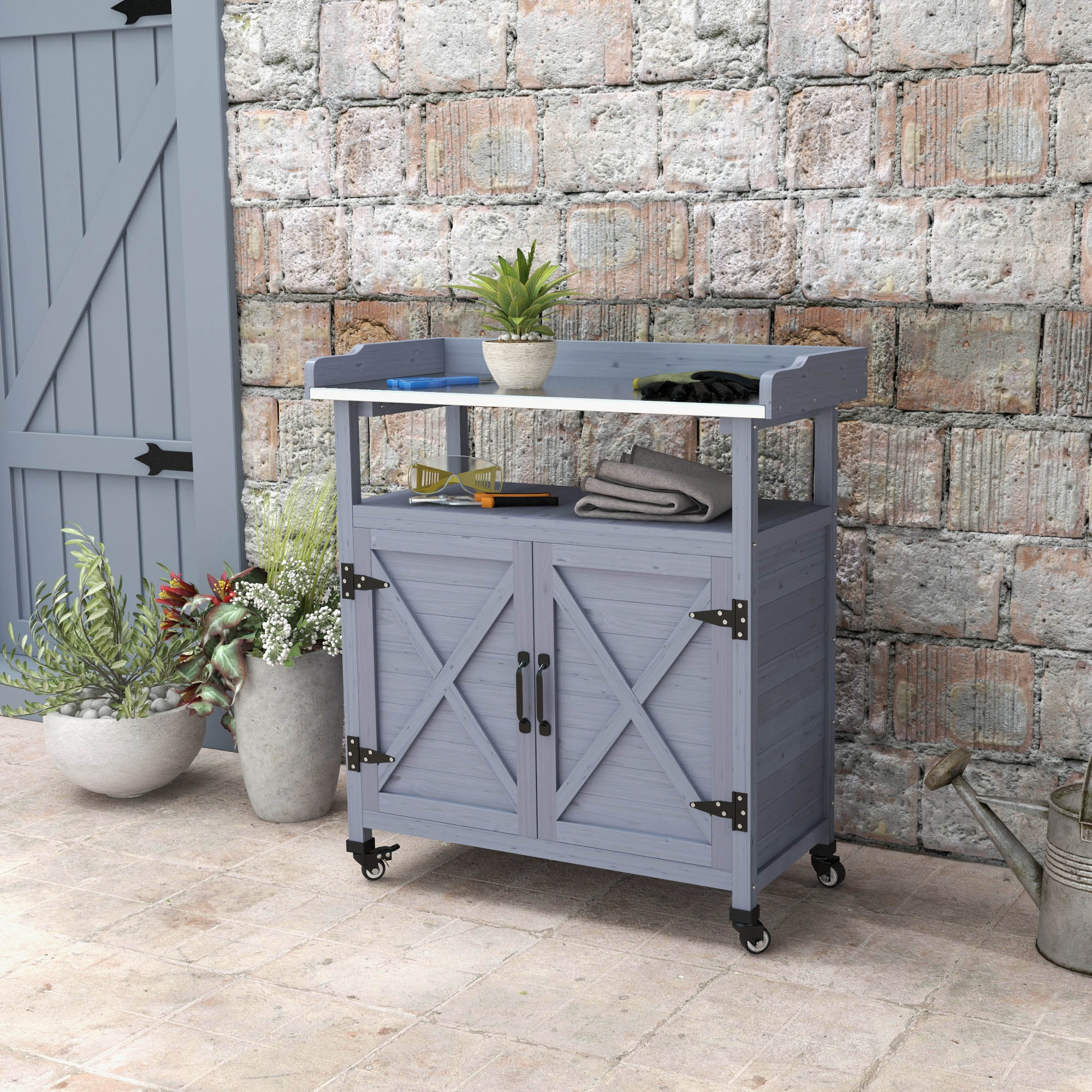 Outsunny Outdoor Wooden Potting Bench with Storage Cabinet, Aluminum Tabletop, Rubber Wheels for Backyard, Patio, Balcony, Grey 
