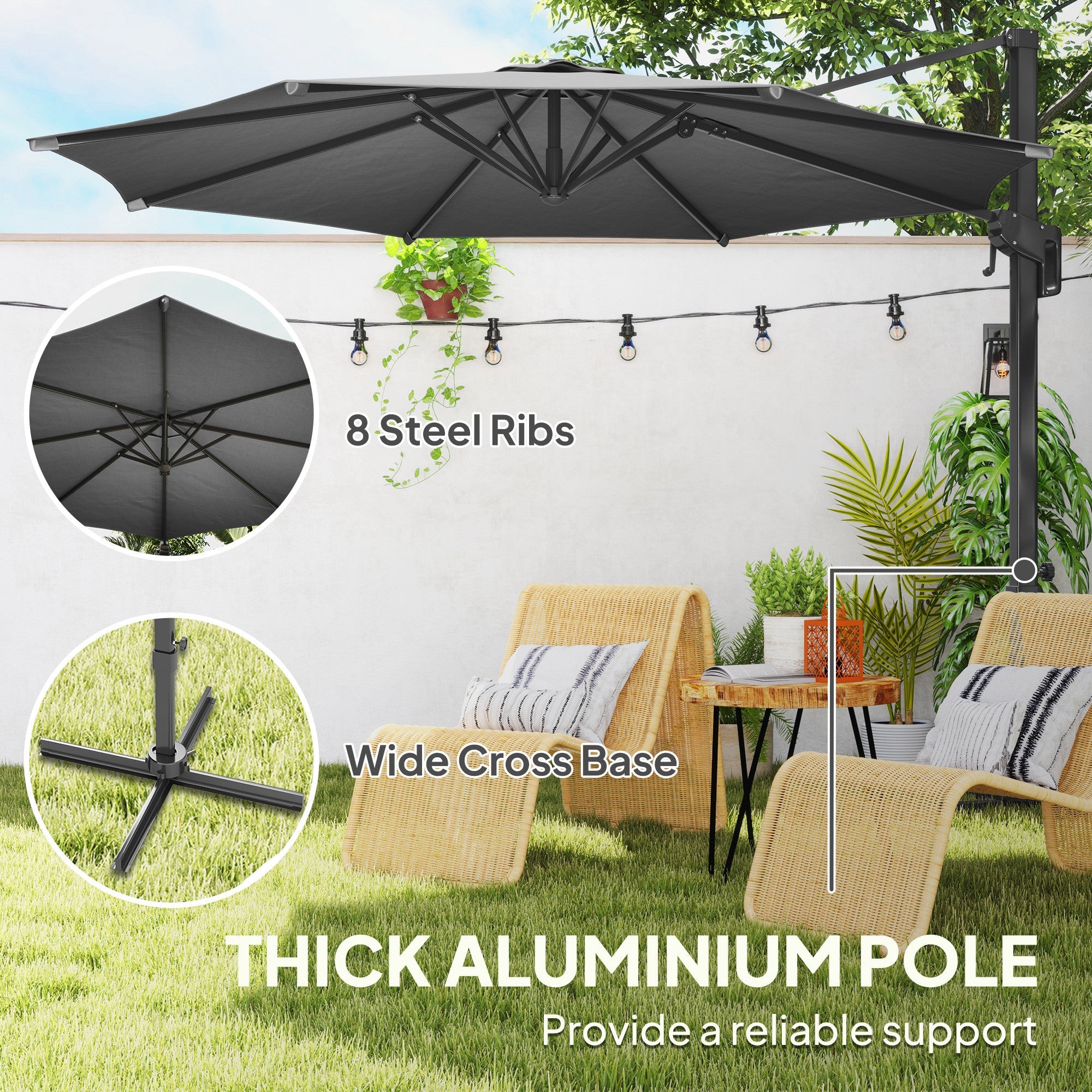 Outsunny 10' Offset Patio Umbrella Cantilever Umbrella with Aluminium Pole 360° Rotation and Tilt Adjustment, Grey 