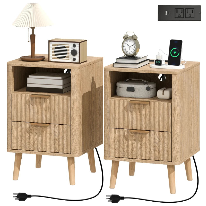 Nightstands Set of 2, Modern Bedside Tables with Charging Station, 2 Drawers and Open Shelf, Oak