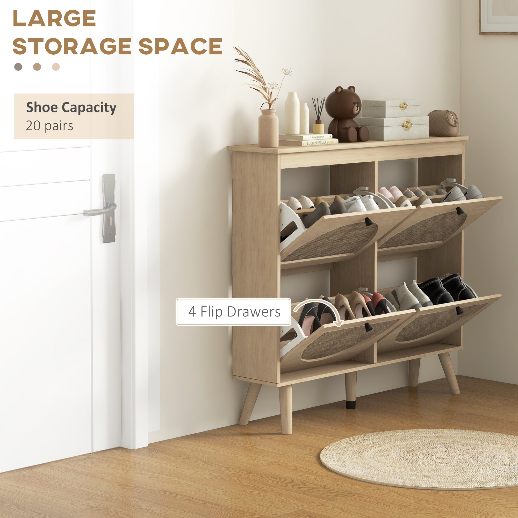 HOMCOM Shoe Cabinet for entryway, Shoe Storage Cabinet with 4 Flip Drawers and Adjustable Shelves for 20 Pairs of Shoes, Oak 