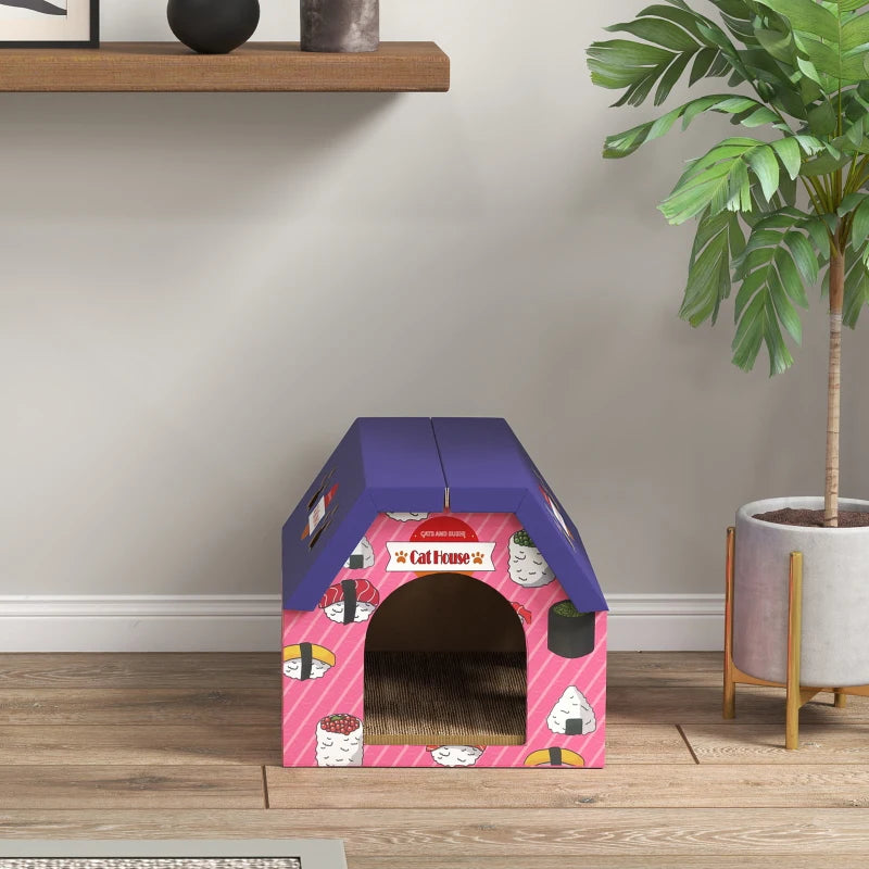 Cat Scratcher House, 2-in-1 Cardboard Cat Scratching Pad with Door, 4 Paw-Shaped Vents and Grass for Indoor, Pink