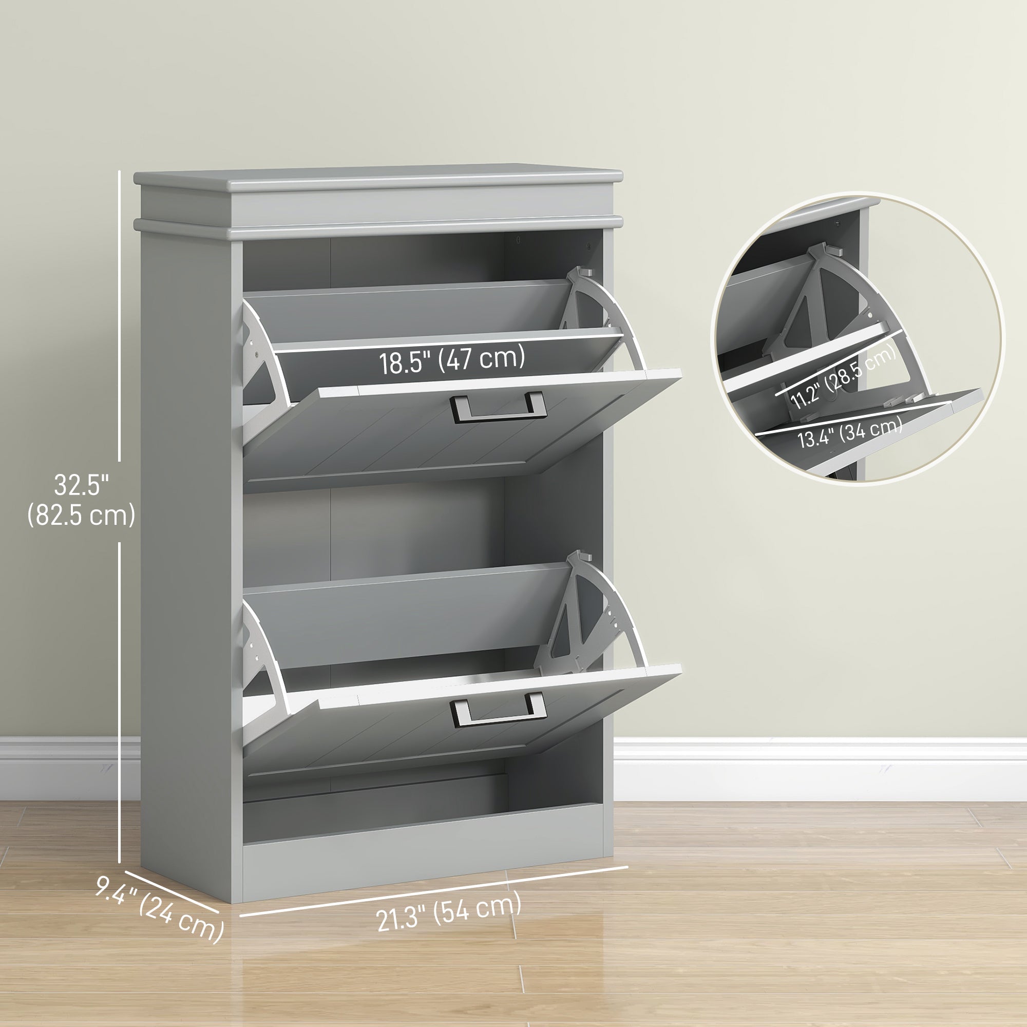 HOMCOM Shoe Storage Cabinet with 2 Flip Drawers and Adjustable Shelves, Narrow Shoe Cabinet for 10 Pairs of Shoes, Grey 