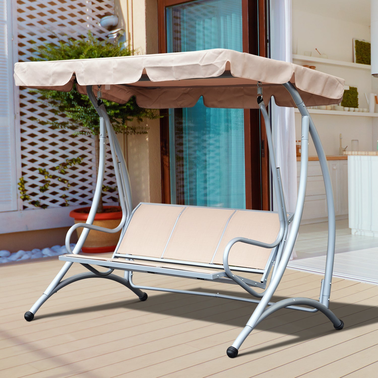 Outsunny 3 Person Patio Swing Seats with Adjustable Canopy Outdoor Swing Chair Bench for Garden, Poolside, Beige 