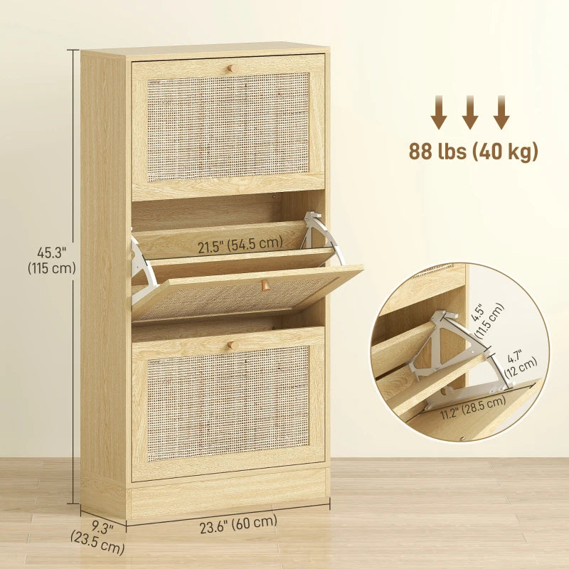 Rattan Shoe Storage Cabinet with 3 Flip Drawers and Adjustable Shelves, Entryway Shoe Cabinet for 18 Pairs, Oak