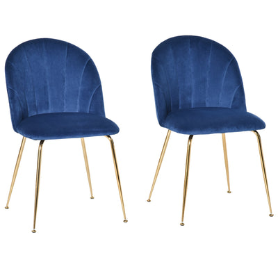 HOMCOM Modern Dining Chair Duo: Blue Velvet-Touch Fabric Accent Chairs Set of 2, with Gold Metal Legs for Stylish Seating 