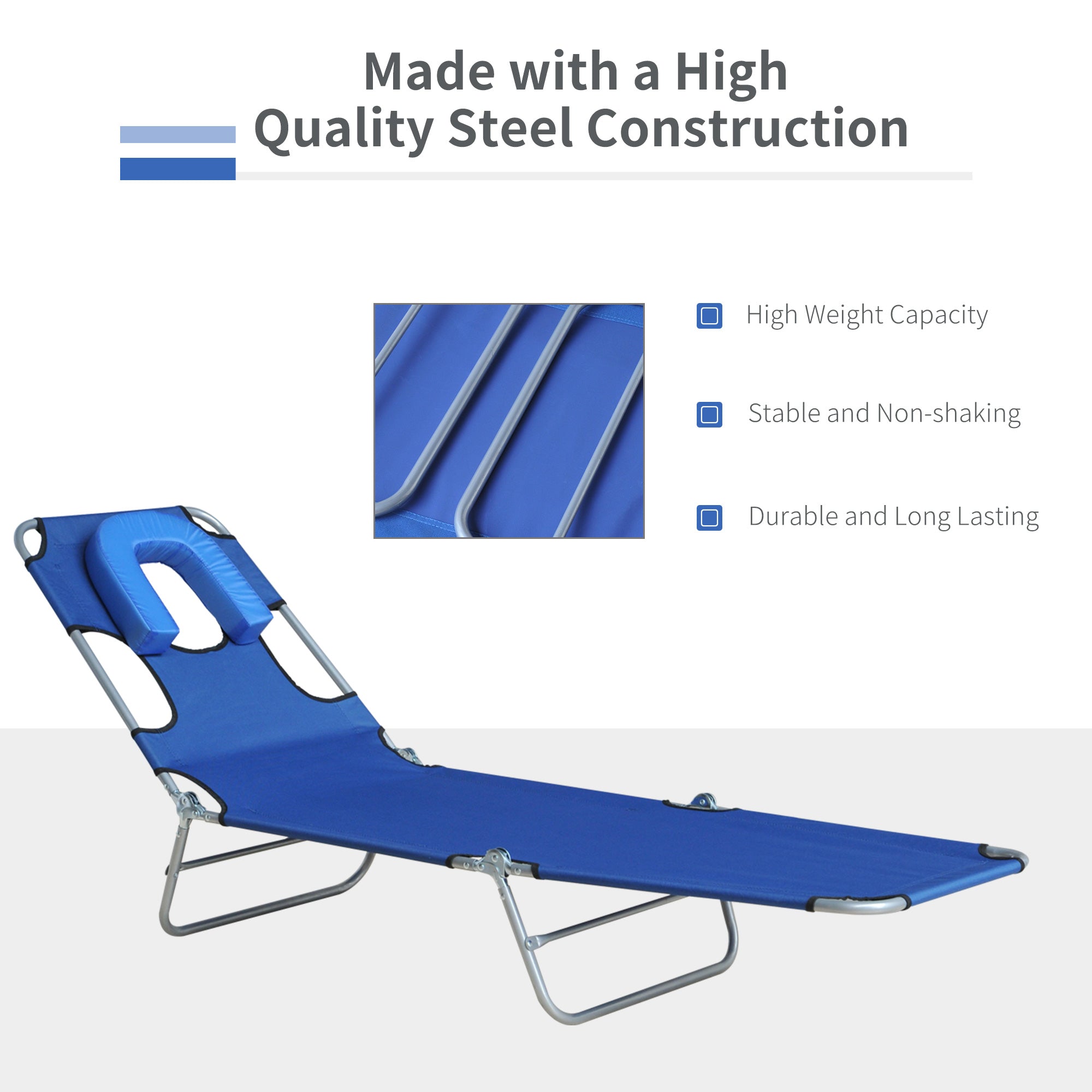 Outsunny Adjustable Folding Chaise Lounge with Face Hole Beach Camping Recliner Sunbed Blue 