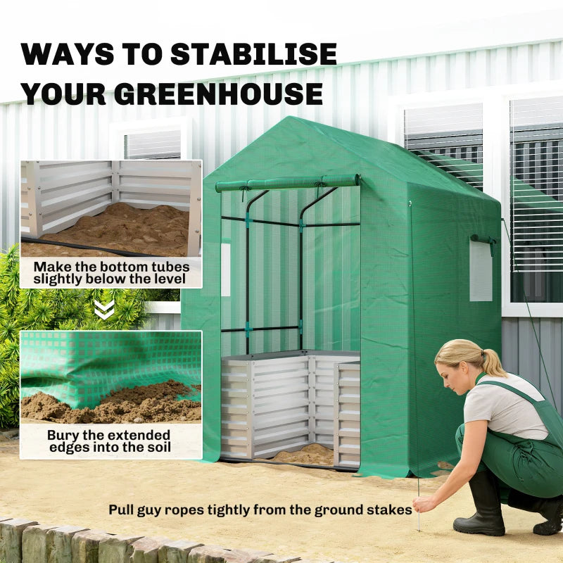 Greenhouse with Raised Garden Bed, Galvanized Metal Planter Box with PE Cover, Roll Up Door, 56" x 56" x 75", Green