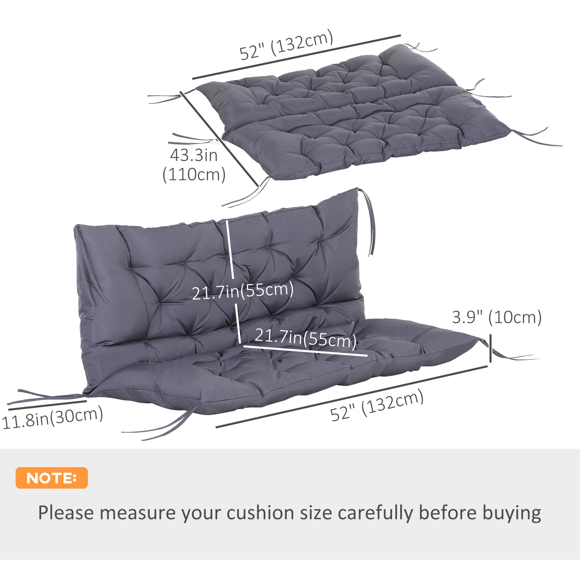Outsunny Outdoor 2 Seater Bench Cushion with Backrest Non Slip Garden Patio Soft Pad Grey 