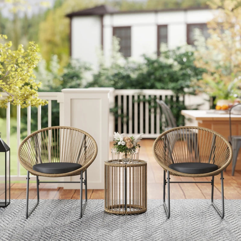 Outdoor Bistro Set, 3 Piece Wicker Patio Furniture Set with 2 Chairs and Glass-Top Table, Natural Wood