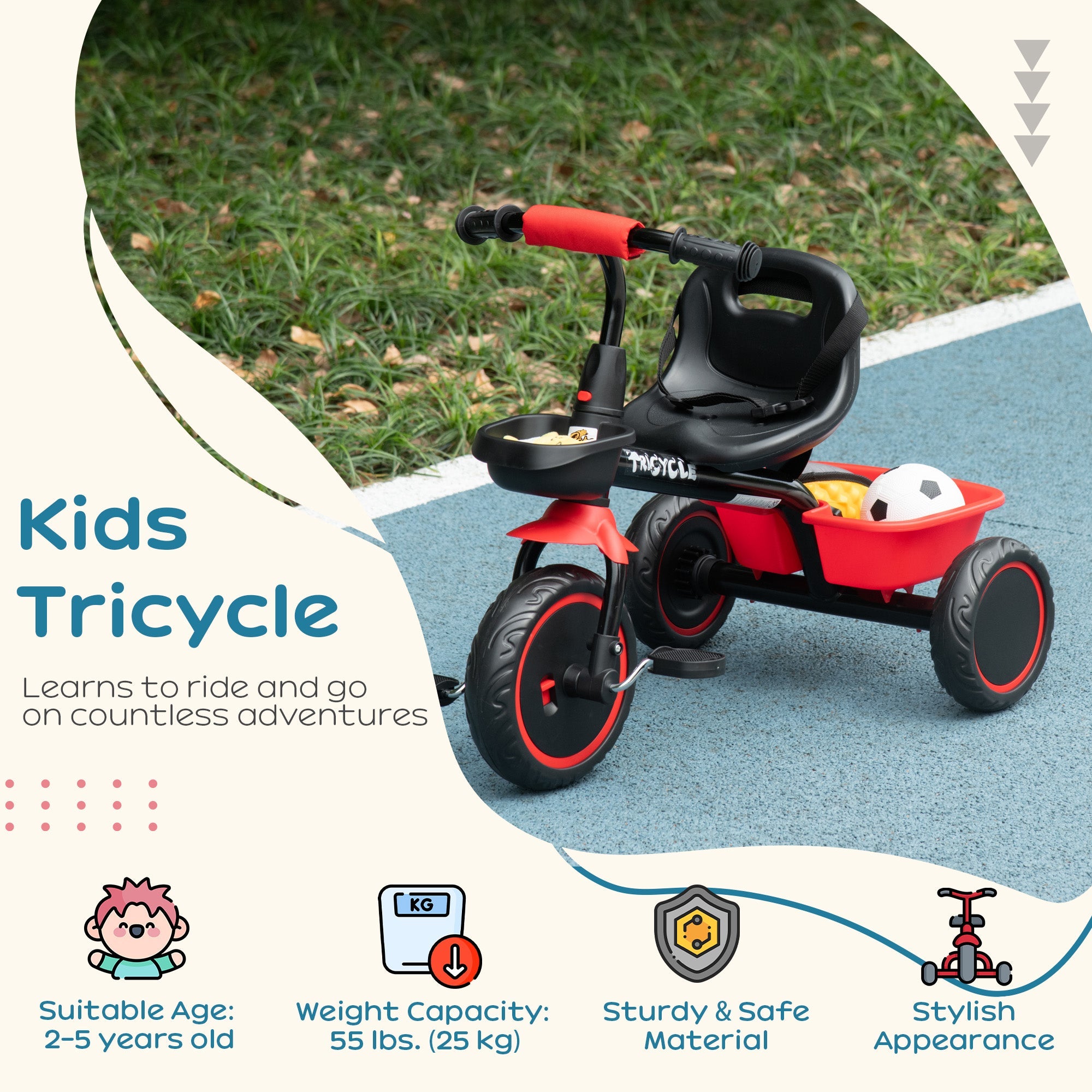 Qaba Kids Tricycle: Adjustable Seat 2-5 Years, Storage Baskets, for Girls/Boys in Red 