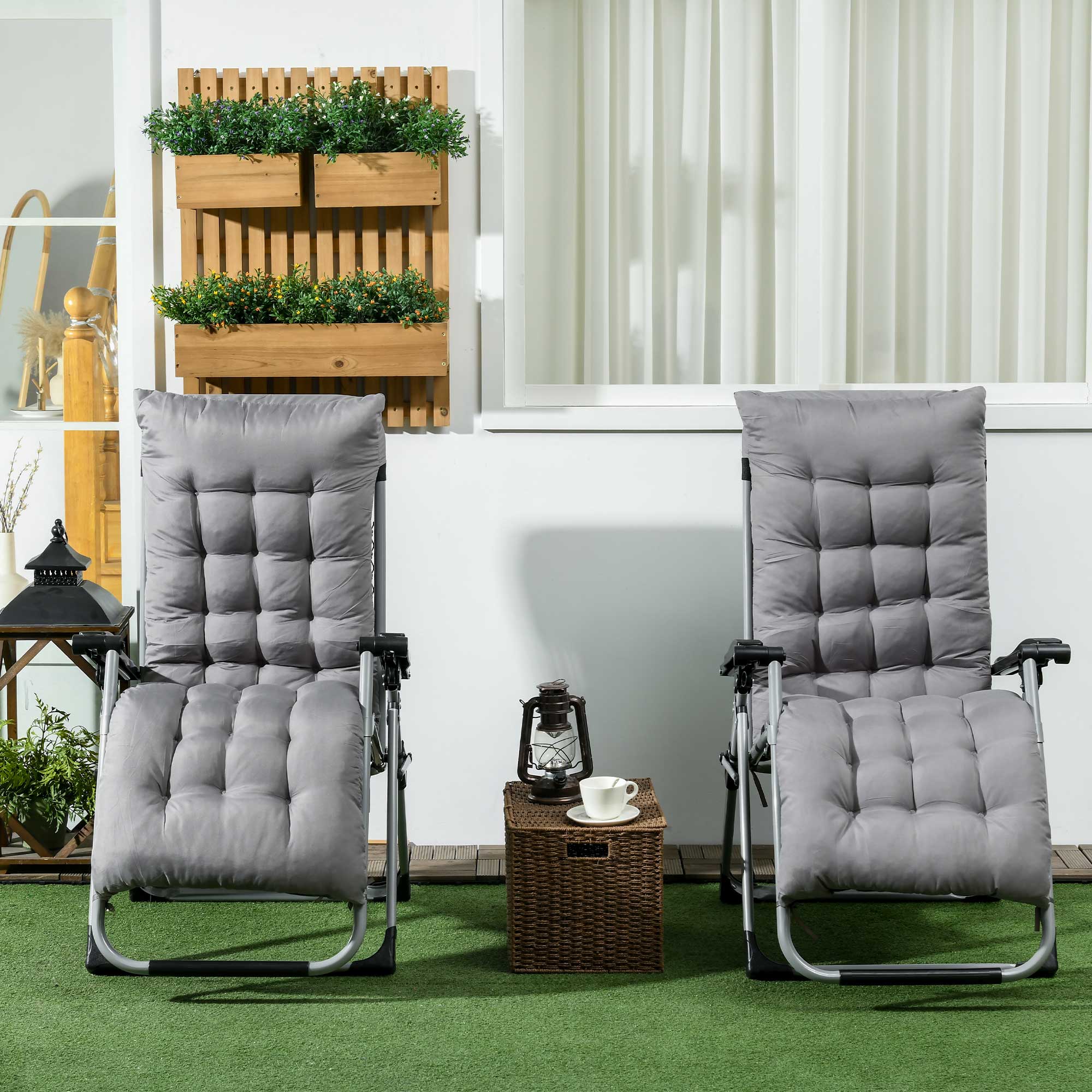 Outsunny Garden Chairs Set of 2 Reclining Zero Gravity Sun Lounger with Cushion Grey Outdoor 