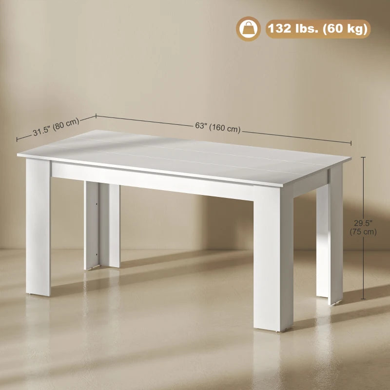 63" Kitchen Table for 4-6 People, Dining Table with Wood Effect for Dining Room, White