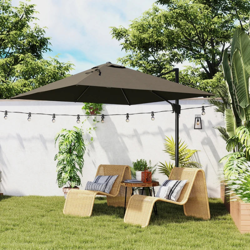8'x8' Square Patio Hanging Offset Umbrella, Outdoor Cantilever Parasol w/ Cross Base, Tan