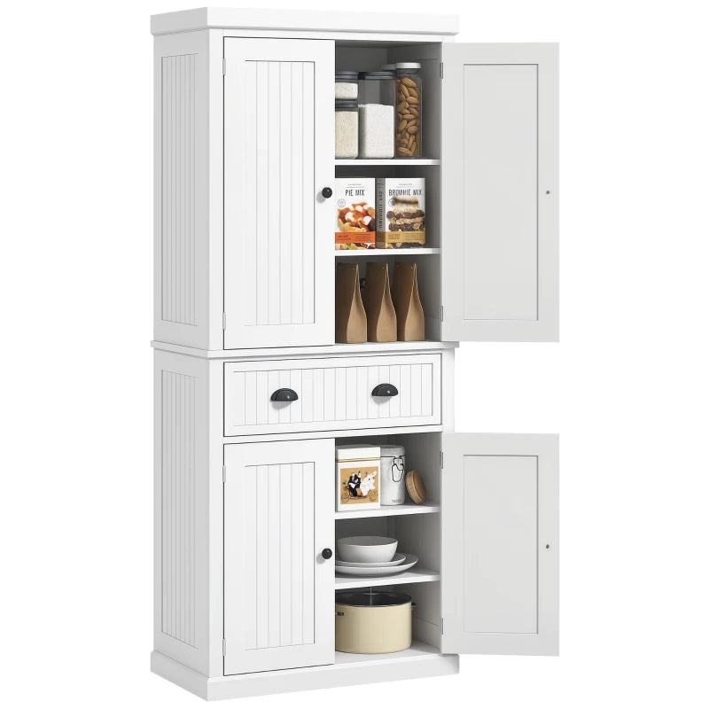 72" Kitchen Pantry, Freestanding Storage Cabinet with Adjustable Shelves, Drawer, Doors, Anti-tip Design, White