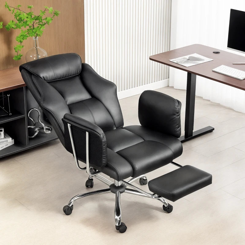 Reclining Office Chair, Overstuffed Executive Desk Chair with High Back, PU Leather, Footrest, Swivel Wheels, Black