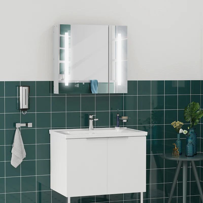 LED Medicine Cabinet with Mirror and Lights, 27.5" x 25.5" Lighted Bathroom Wall Cabinet, Bathroom Mirror Cabinet with Adjustable Shelf, USB Charge, White