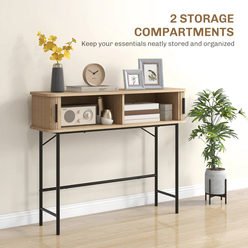 Mid-Century Narrow Console Table with Slatted Tambour Sliding Doors, Entryway Table with Steel Legs, Oak and Black