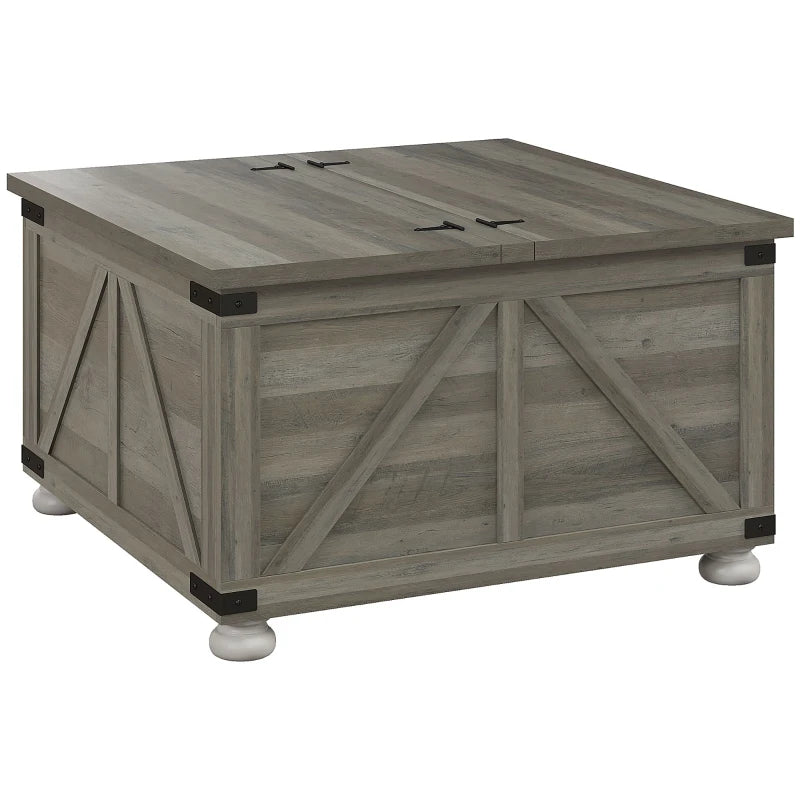 Farmhouse Coffee Table, Square Center Table with Flip-top Lids, Hidden Storage Compartment and Wooden Legs, Distressed Grey