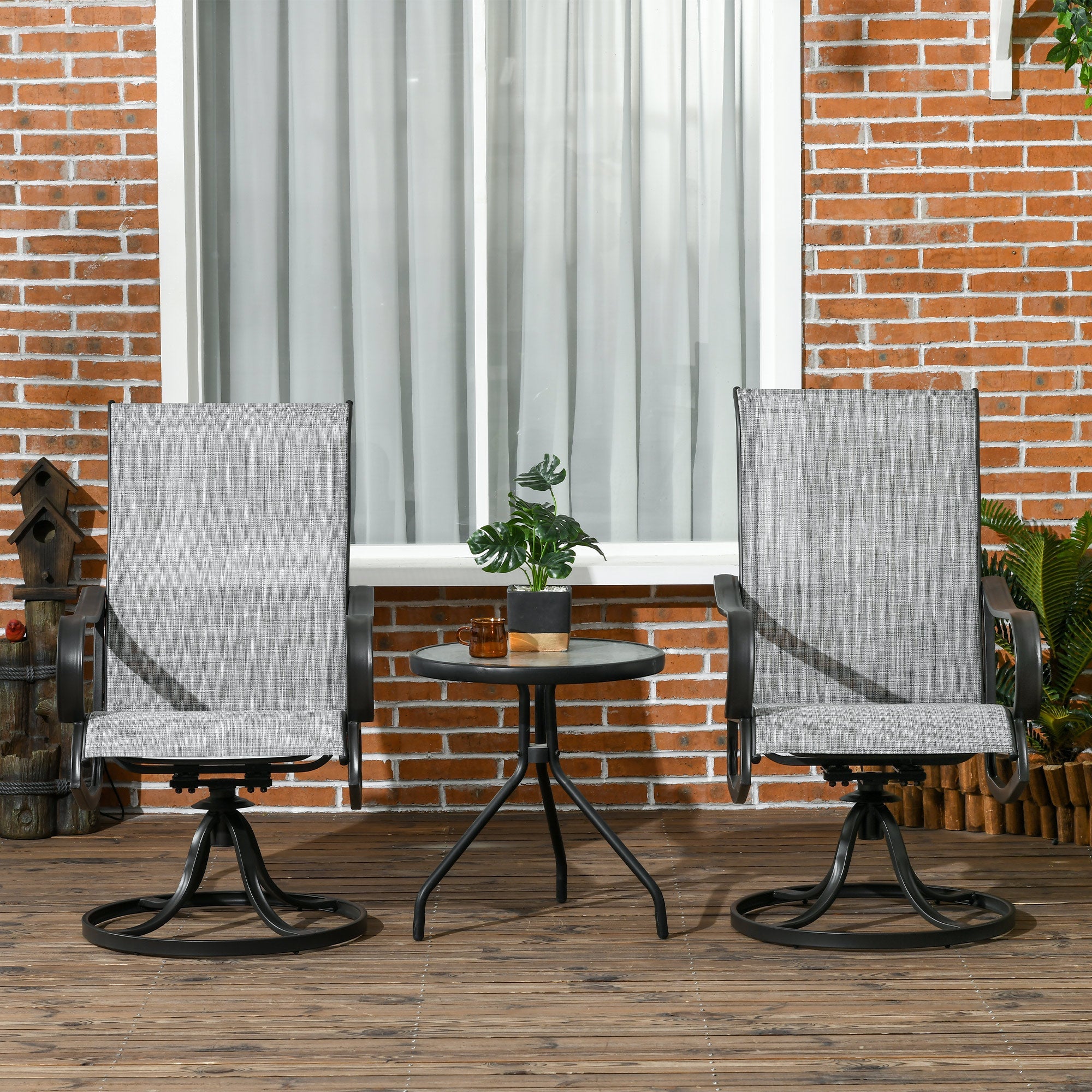 Outsunny 2pc 360° Swivel Rocking Chairs Curved Armrests S Shape Backrest Breathable Mesh Fabric Dark Grey 