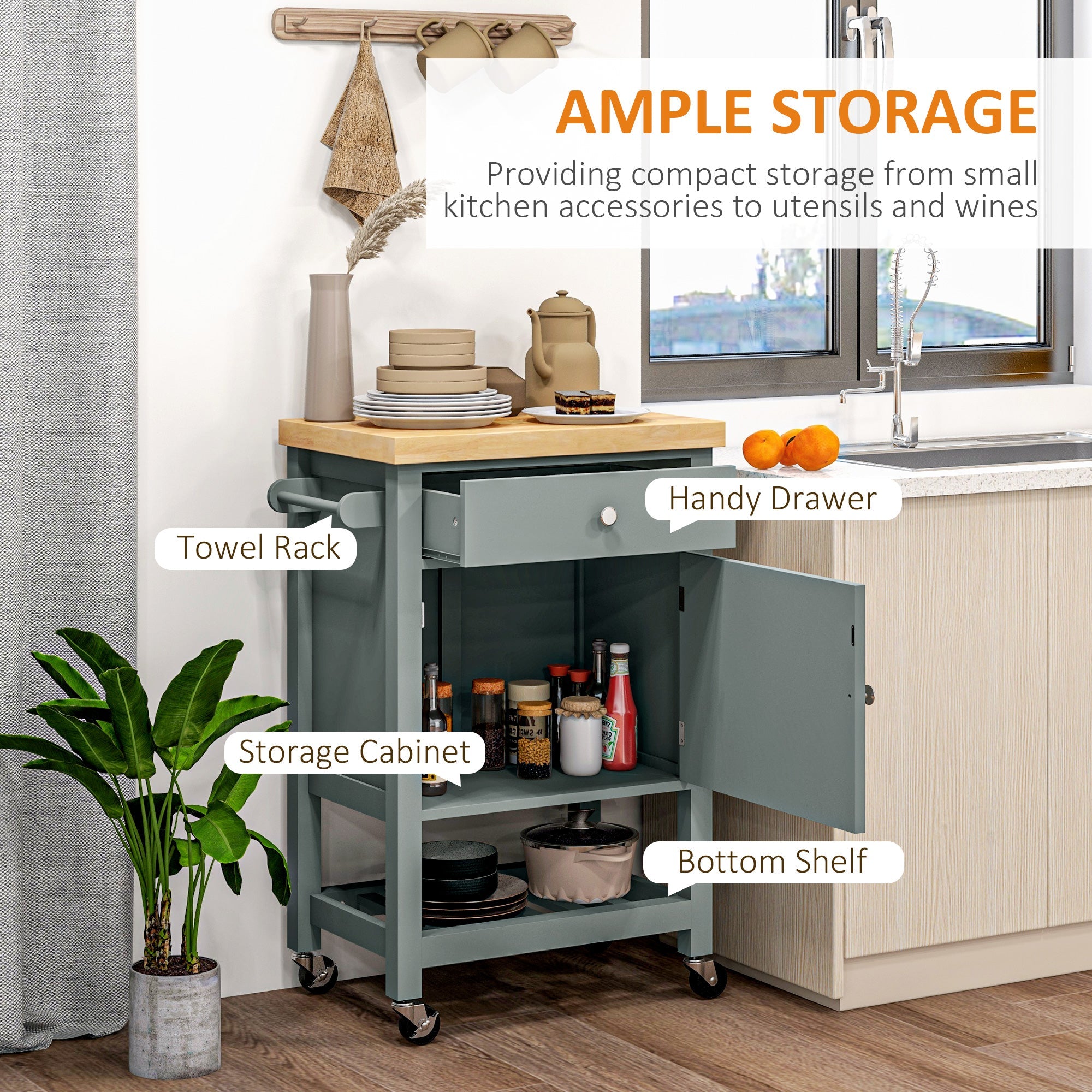 HOMCOM Kitchen Cart on Wheels, Rolling Kitchen Island Cart with Wood Top, Towel Rack, Drawer and Shelf for Dining Area, Grey 