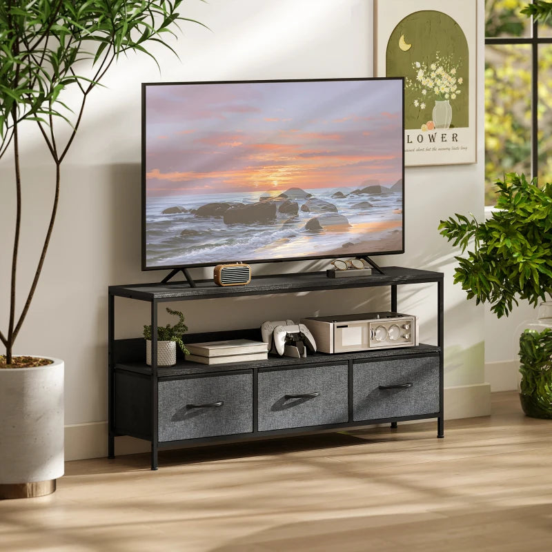 TV Stand with Charging Station, TV Table with 3 Foldable Linen Drawers and Open Shelf for 55 Inch Television, Black