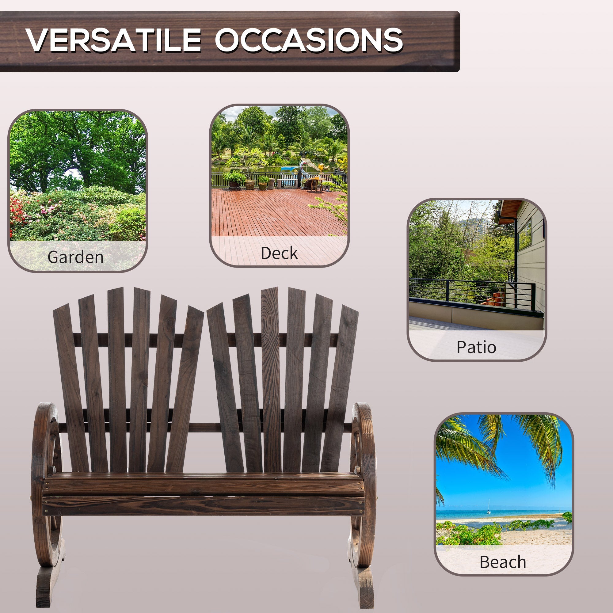 Outsunny Wooden Garden Bench 2-Seat Patio Bench with Wheel-Shaped Armrests Carbonized Color for Outdoor 