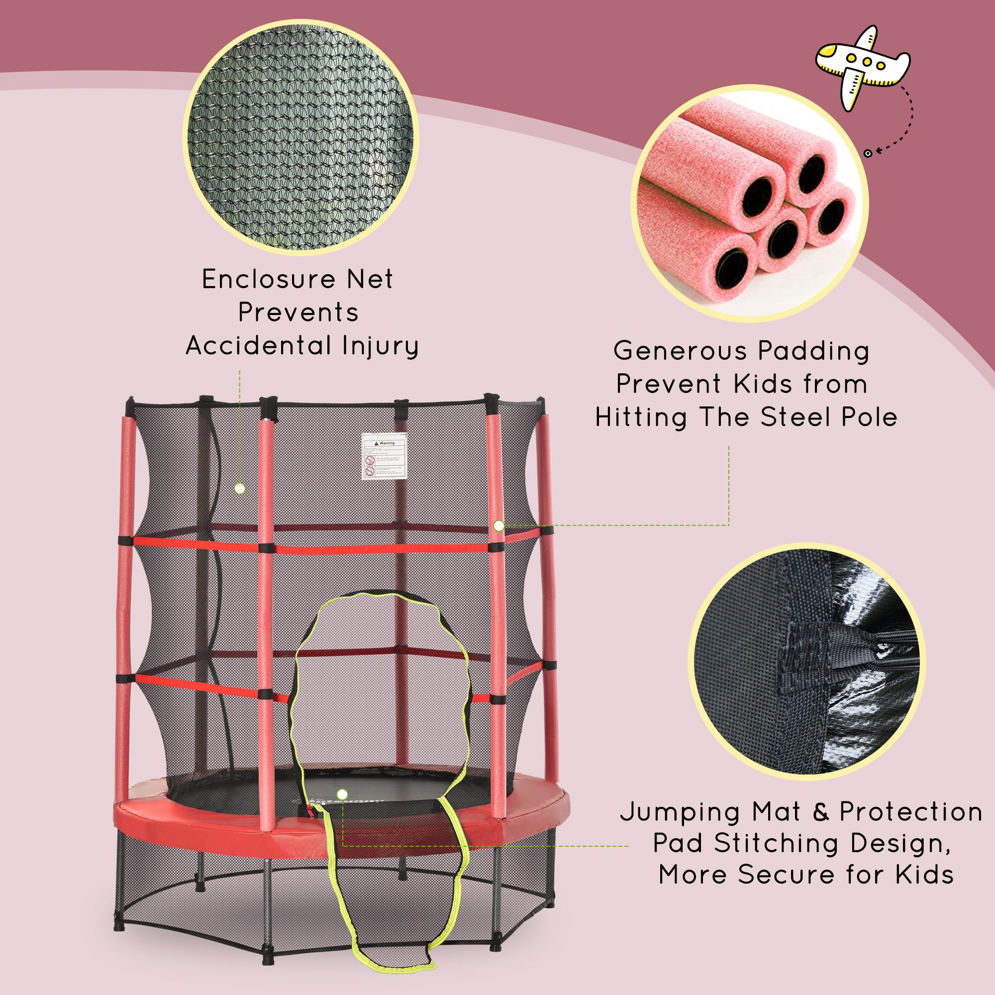 Outsunny 55" Kids Trampoline with Enclosure Net for Indoor/Outdoor, Trampoline for Boys and Girls Age 3-6 Years, Red 