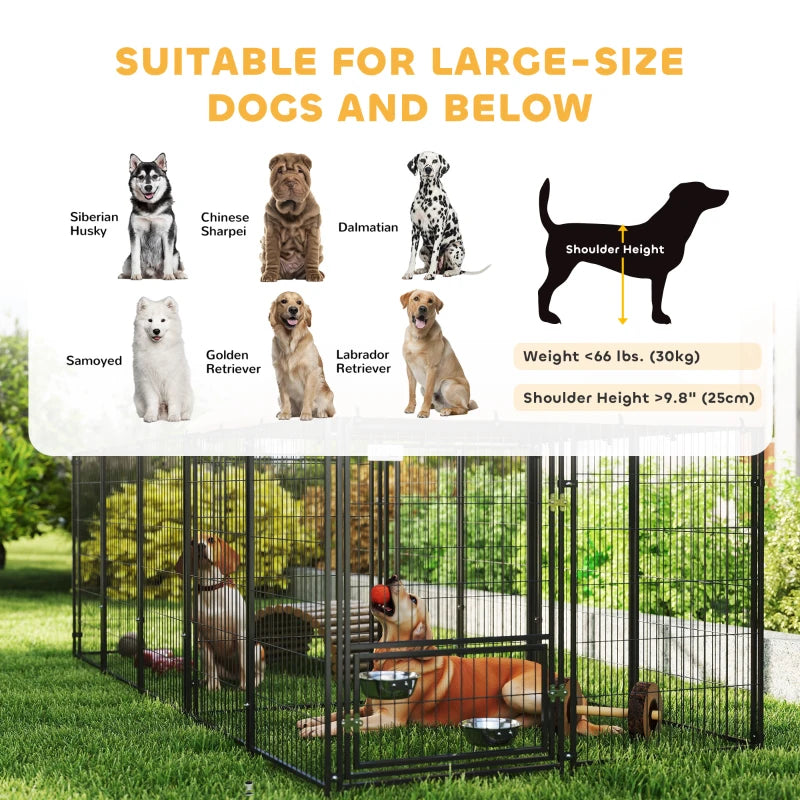 Outdoor Dog Kennel with Rotating and Adjustable Height Bowls, Waterproof UV-Resistant Cover, 11.3' x 4.7' x 5.1'