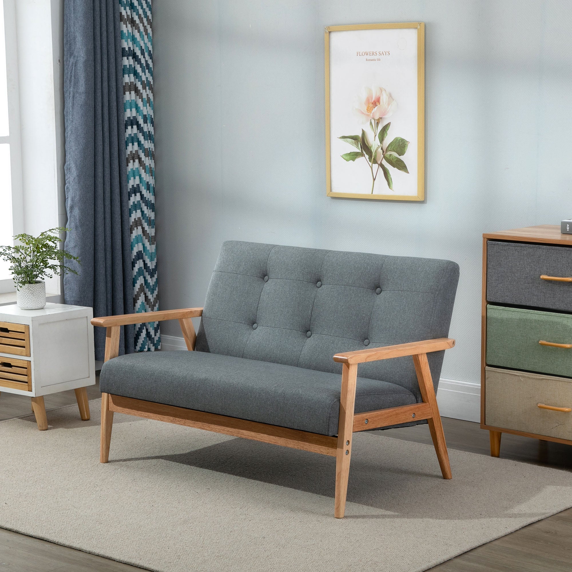 HOMCOM Upholstered 2-Seater Sofa 45" Rubber Wood Legs Comfortable Couch Living Room Bedroom Dark Grey Furniture 
