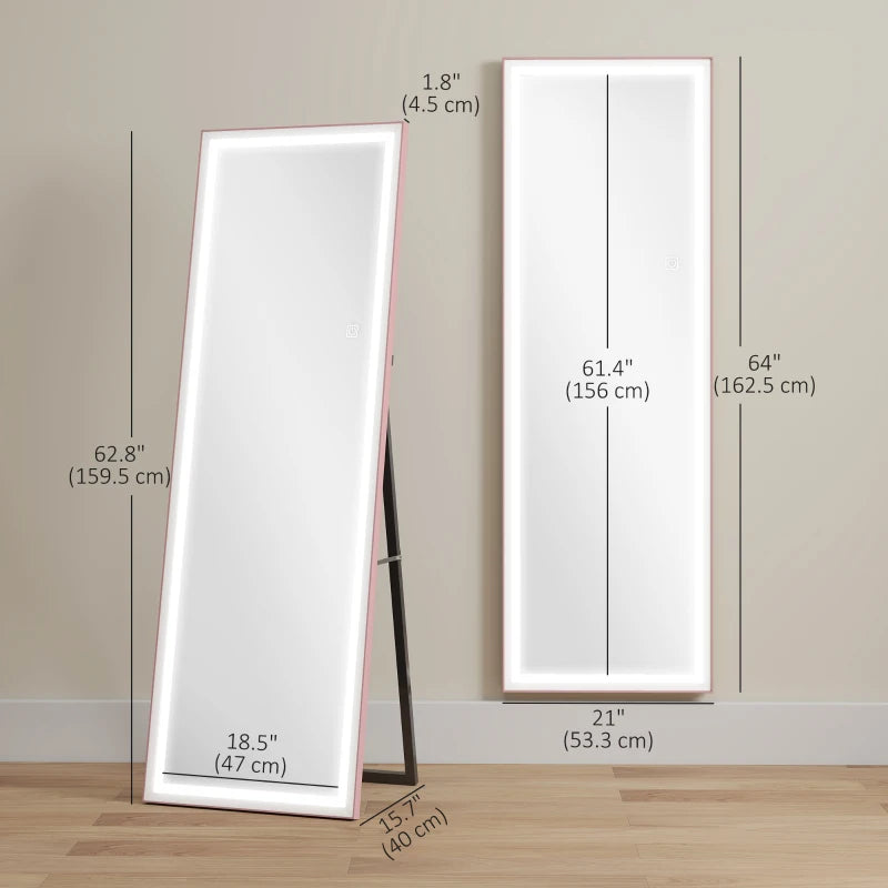 LED Mirror with Dimmable and 3 Colour Lights, 64" x 21" Rectangular Floor Mirror for Bedroom Living Room, Pink